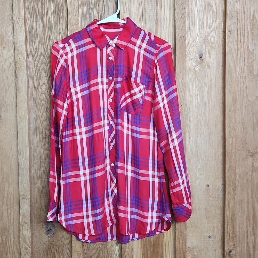 Talbots Long Sleeve Button Down Tunic Oversized Shirt, XS, Red White Blue Plaid